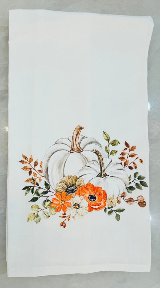 Double Floral Pumpkins Tea Towel